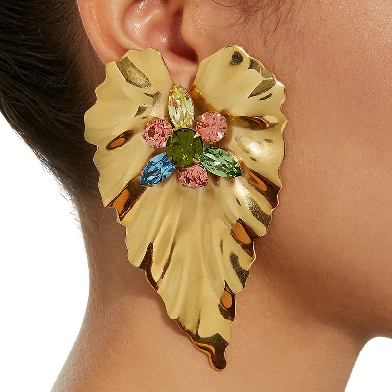 Bohemia Exaggerated  Crystal Leaf Shape Studs Earring Colorful Crystal Diamond Heart  Big Leaf Gold Earrings for Women