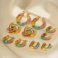 Chunky Rainbow CZ Inlaid Hoop Earrings Rings 18K Gold Plated Stainless Steel Statement Jewelry Sets