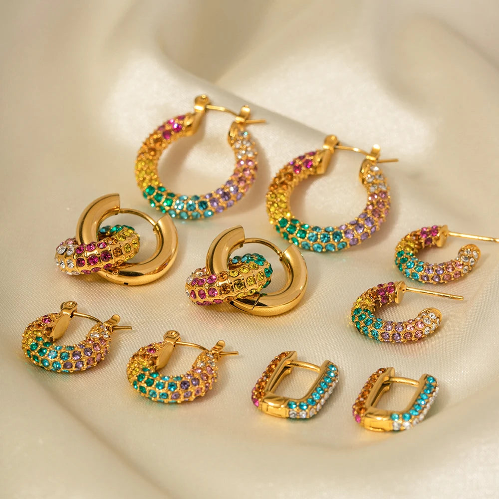 Chunky Rainbow CZ Inlaid Hoop Earrings Rings 18K Gold Plated Stainless Steel Statement Jewelry Sets