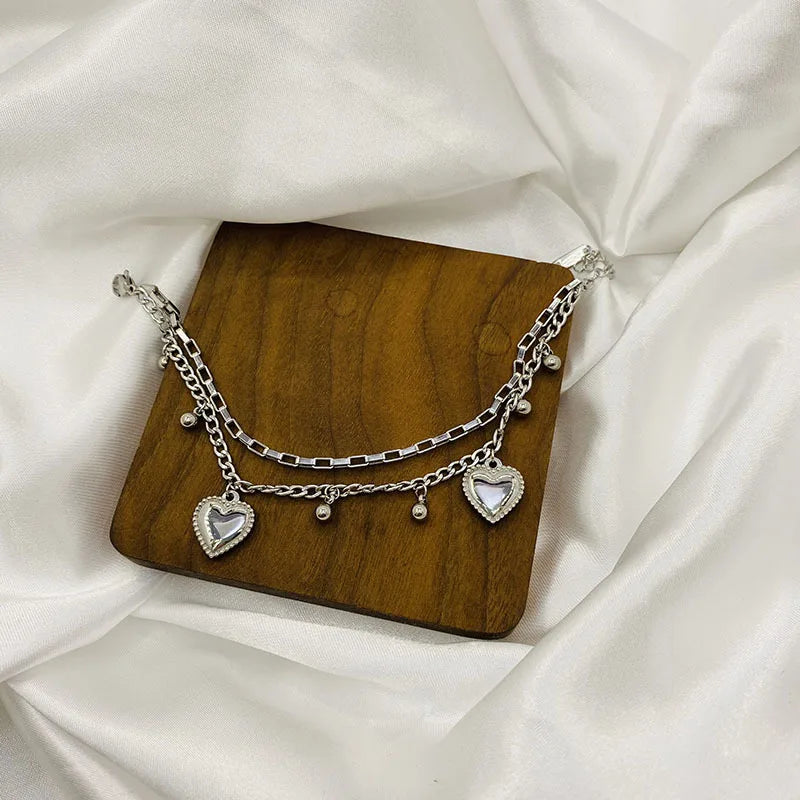AA01584 Hot Sale Gold Plated Heart Charm Stainless Steel Bracelets Multi Layers Ball Beads Chain Bracelet for Women Girls