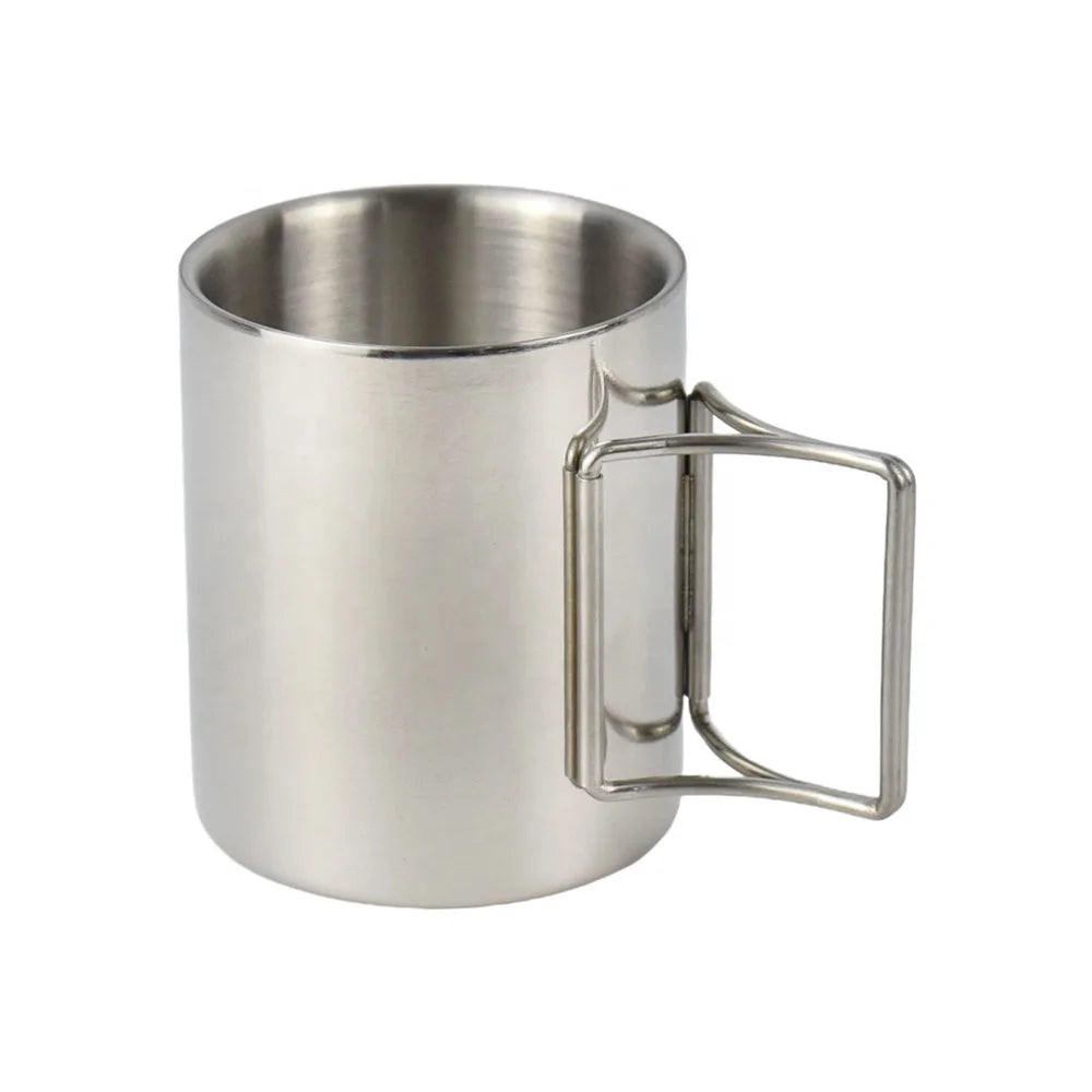 Camping Hiking Picnic Outdoor 300ml 10oz Foldable Handle Double Wall Stainless Steel 304 Water Tea Coffee Mug Cups