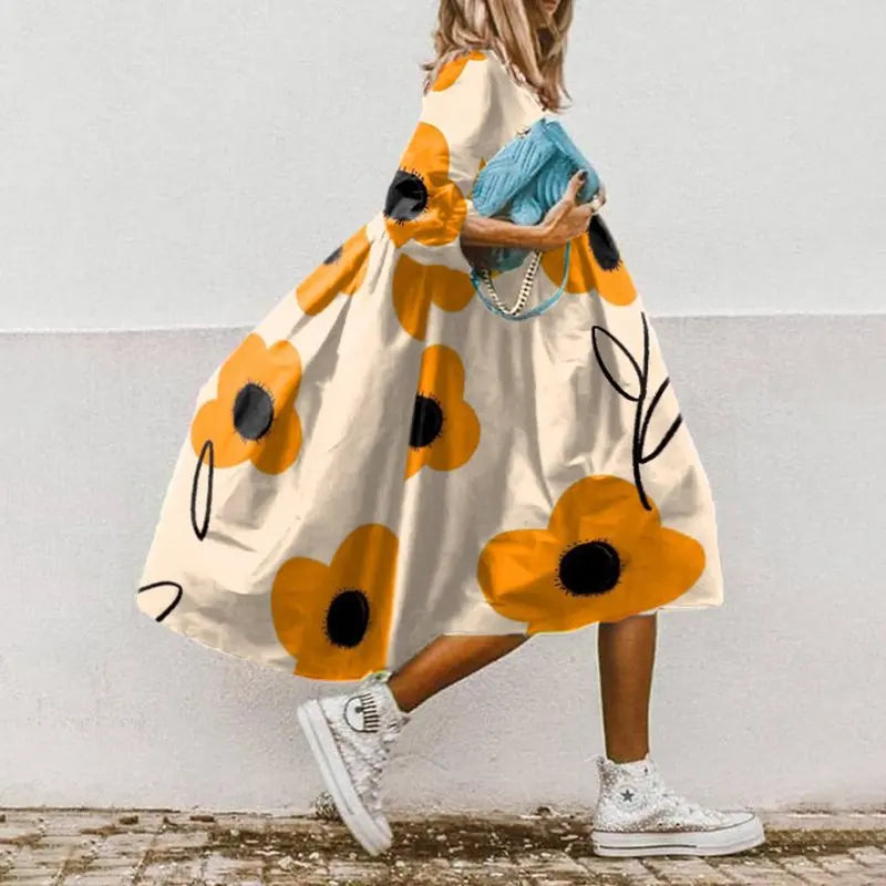 S-3XL Summer Round Neck Floral Printed Dress Bohemian Plus Size Dress Three-quarter Sleeve Loose Dress