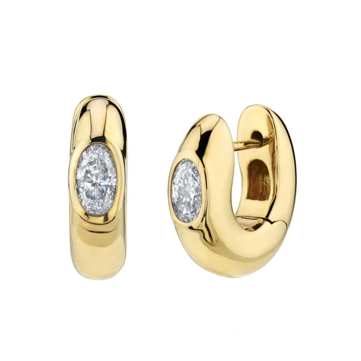 LOZRUNVE New Design 925 Sterling Silver Oval Solitaire Dome Wide Huggie Hoop Earrings Gold