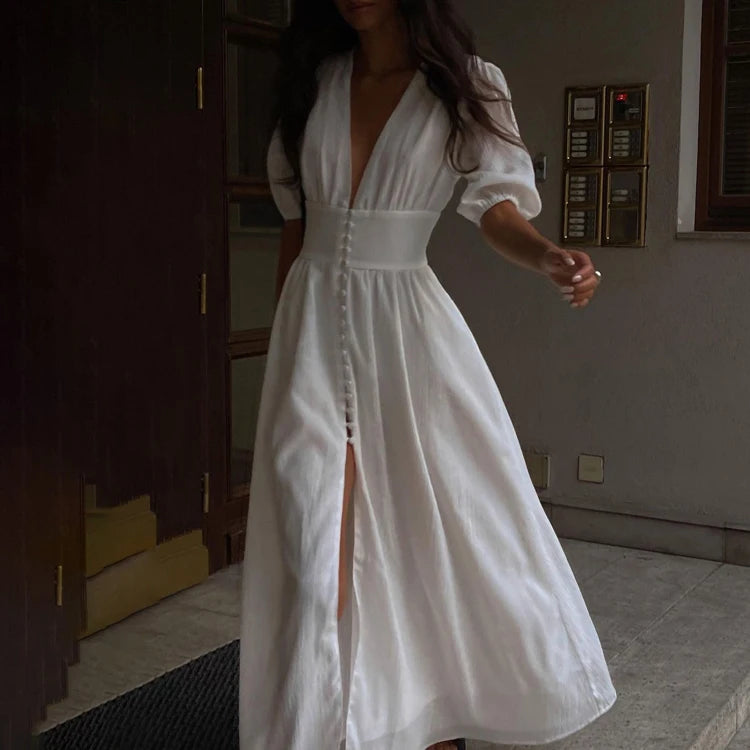 Hot Selling Rayon Crepe Button Up Empire Waist Short Sleeve Dress Elegant Casual Summer White Long Dresses For Women
