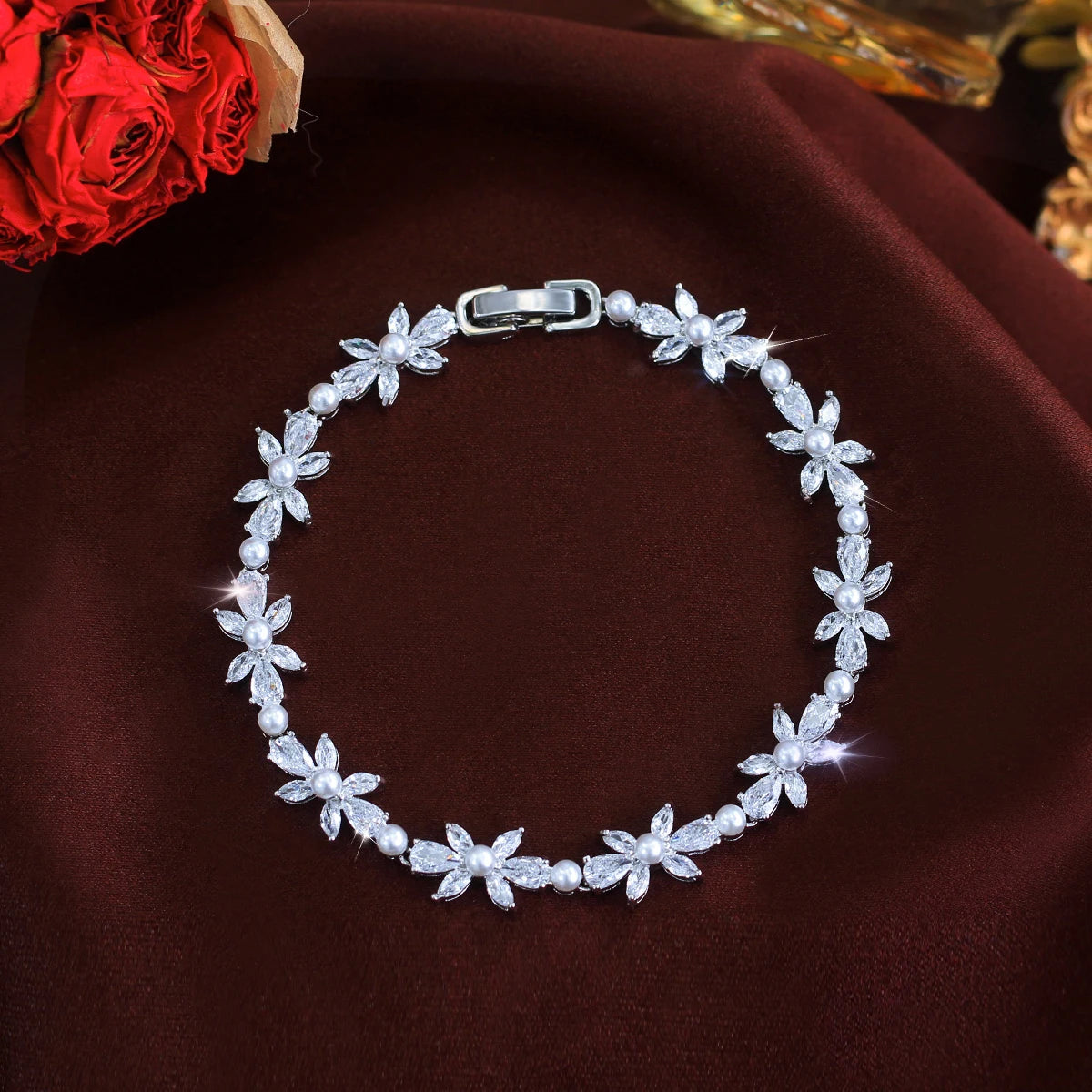 Delicate Rhodium Plated Small Pearl Inlaid Cubic Zircon Flower Bracelet for Women Wedding Bridal CZ Bracelets Party Jewelry Gift