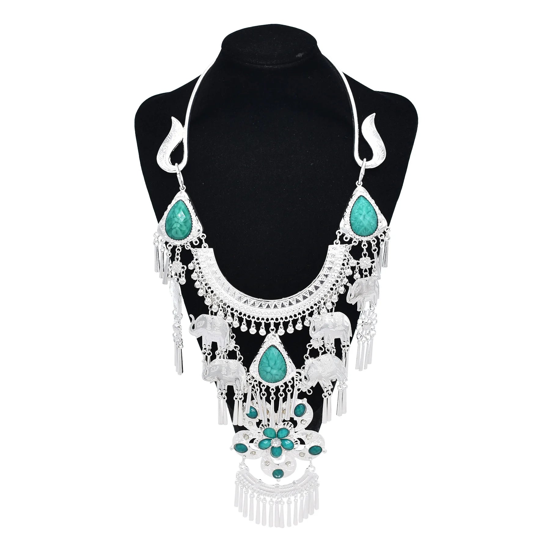 Ethnic Style Miao Long Necklace Exaggerated Miao Silver Vintage Tassel Elephant Flower Pendant Necklace