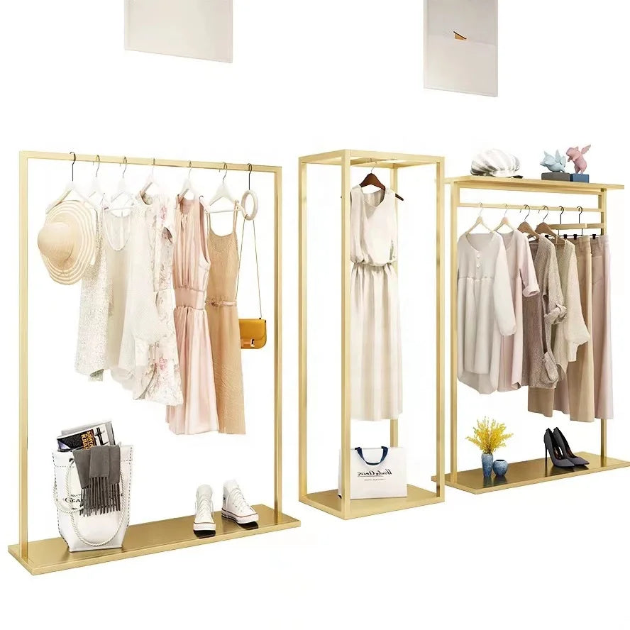 Retail Women Shop Clothing Display Racks Portable Clothing Display Stand Commercial Gold Garment Rack