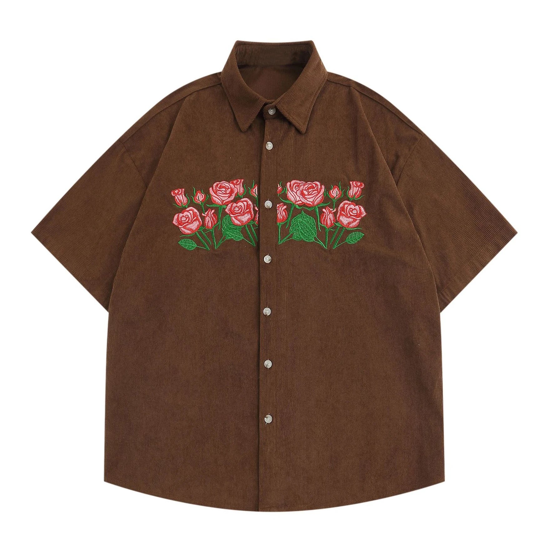 New Product Turn Down Collar t Shirts for Men Embroidery Buttons Short Sleeve Corduroy Fashion Summer Men's Shirts