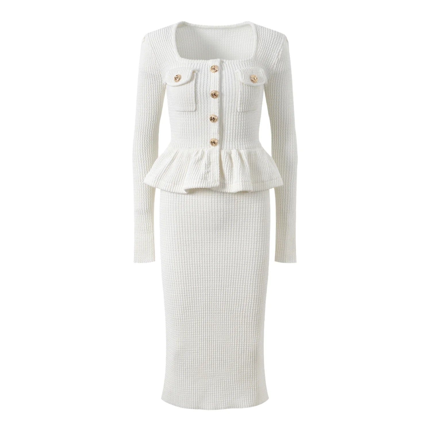 Lady Office Casual Midi Dress Elegant Ruffles Waist Square Collar Solid Long Sleeves-Women's Slim Fitted Knit Wear Button