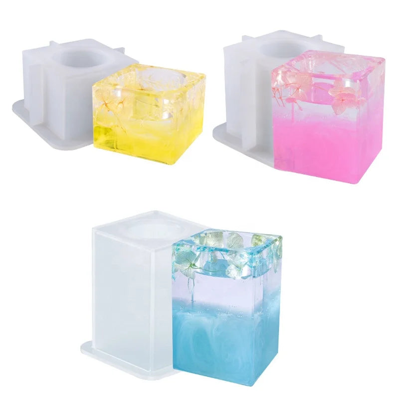 Cube Candle Holder Resin Mold Concrete Cement Plaster Candlestick Silicone Mold