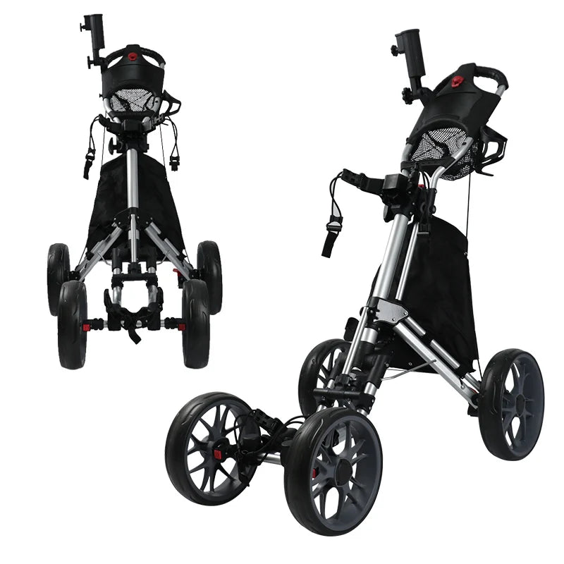Foldable Aluminum-frame Golf Push Cart Non-slip Handle Multi-function 4 Wheels Golf Trolley With Foot Brake and Umbrella Holder