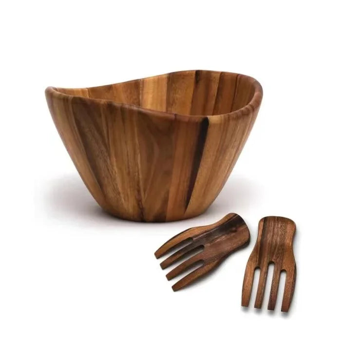 Wholesale Large Acacia Wave Bowl Set Salad Food Round Bowl Fruit Bowl with Salad Hands