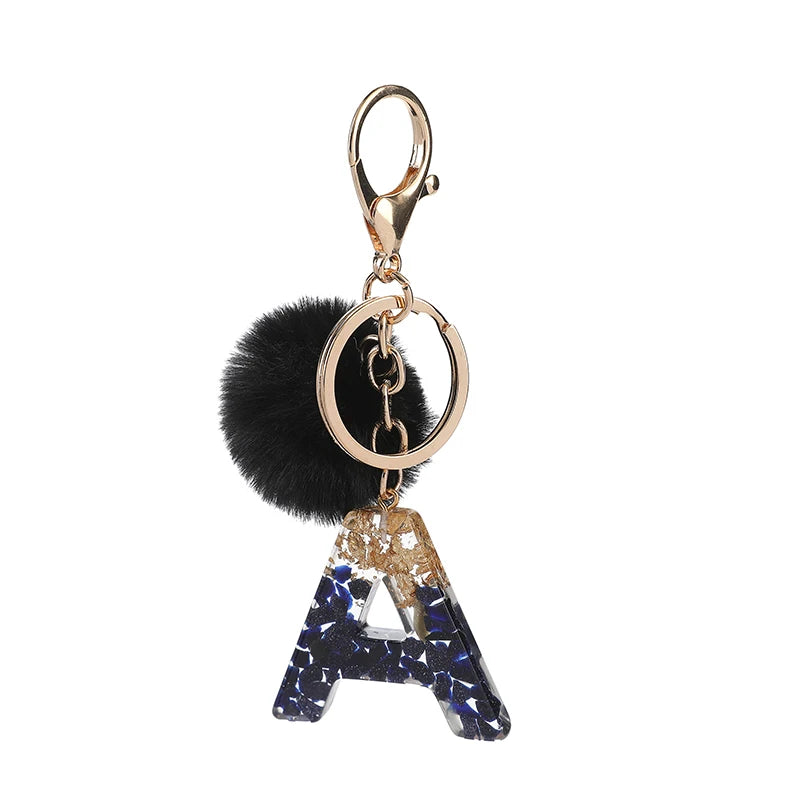 Black Pompom Letter Gold Keychain English Alphabet Keyring Glitter Gradient Resin Glue Car Mirror Accessory Women Handbag Charms