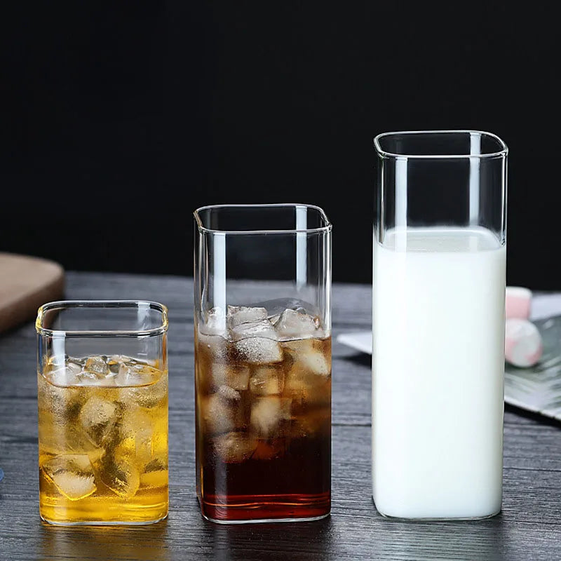 Hot Selling 250ml/350ml/450ml Square Lead-Free Borosilicate Glass Coffee and Juice/Milk Cups Hand-Blown Drinkware