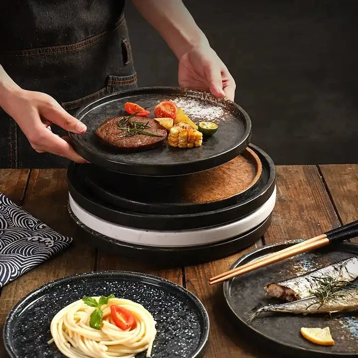 Custom Porcelain Ceramic Steak Plate Black Durable Porcelain Dinner Plates Sets 7/8/9/10 Inch Restaurant Dinnerware Dishes