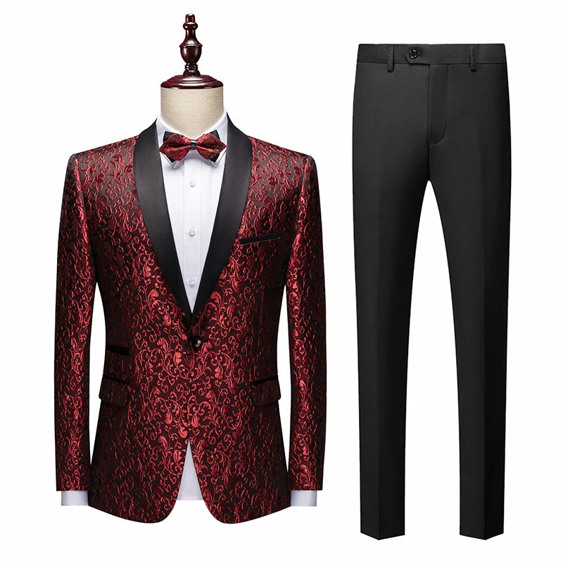 S-6XL Men's Floral Pattern Tuxedo Double Breasted Blazer Suit Jacket Luxury Pants Wedding Party Prom Stage Costumes Plus Size