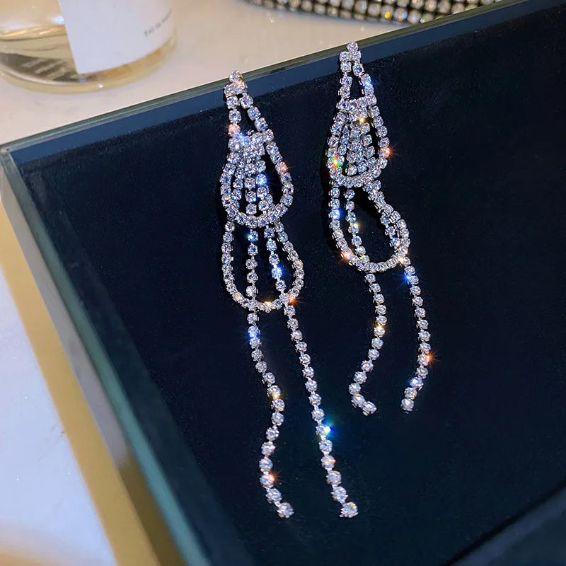 Fashion Exaggerated Diamond Rhinestone Long Tassel Pendant Earrings Bridal Jewelry Shiny Zircon Flower Earrings For Women