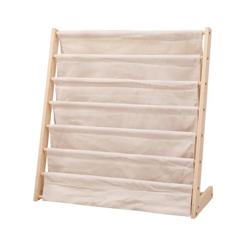 Foldable Natural Kids Book Display Rack Bookshelf with Deep Fabric Sleeves for Home Storage Livingroom