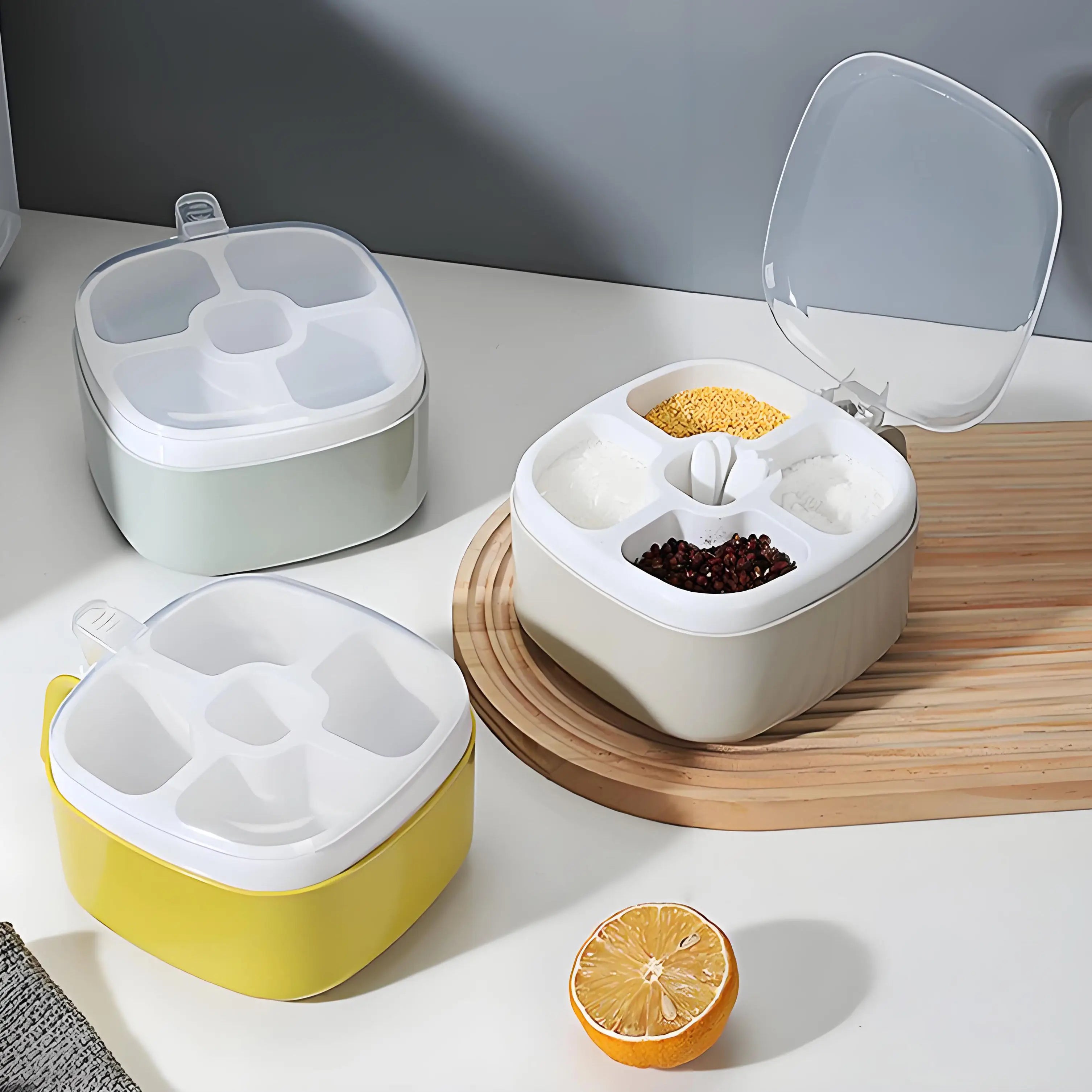 Wholesale Eco-Friendly European Design 5-Compartment Spice Box with PP Lid and Spoon for Camping Kitchen Supplies