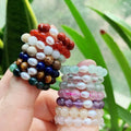 Healing Chakra Natural Stone Jewelry Ring Multi Color Crystal Quartz Real Pearl Charm Elastic Stackable Adjustable Bead Rings