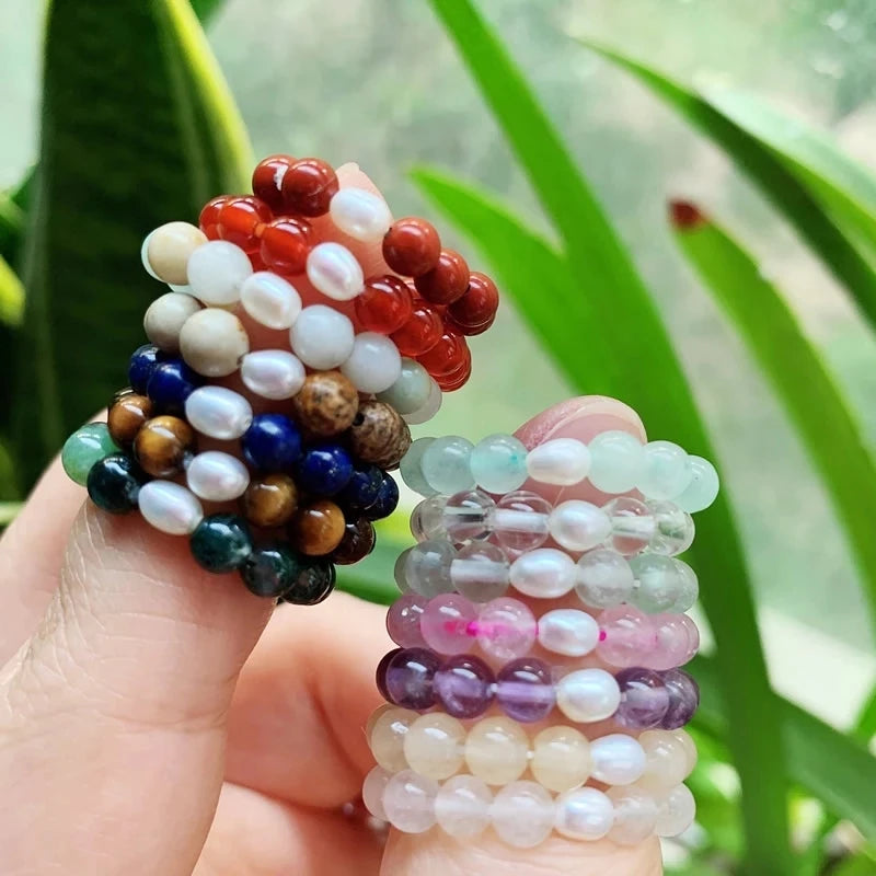 Healing Chakra Natural Stone Jewelry Ring Multi Color Crystal Quartz Real Pearl Charm Elastic Stackable Adjustable Bead Rings