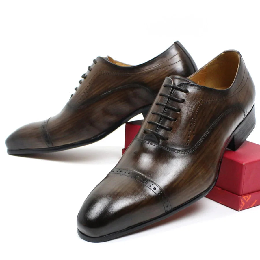 Best Selling Italian Style Men Cow Leather Dress Shoes Lace up Dk Brown Pointed Toe Style Business Oxford Working Parting Shoes