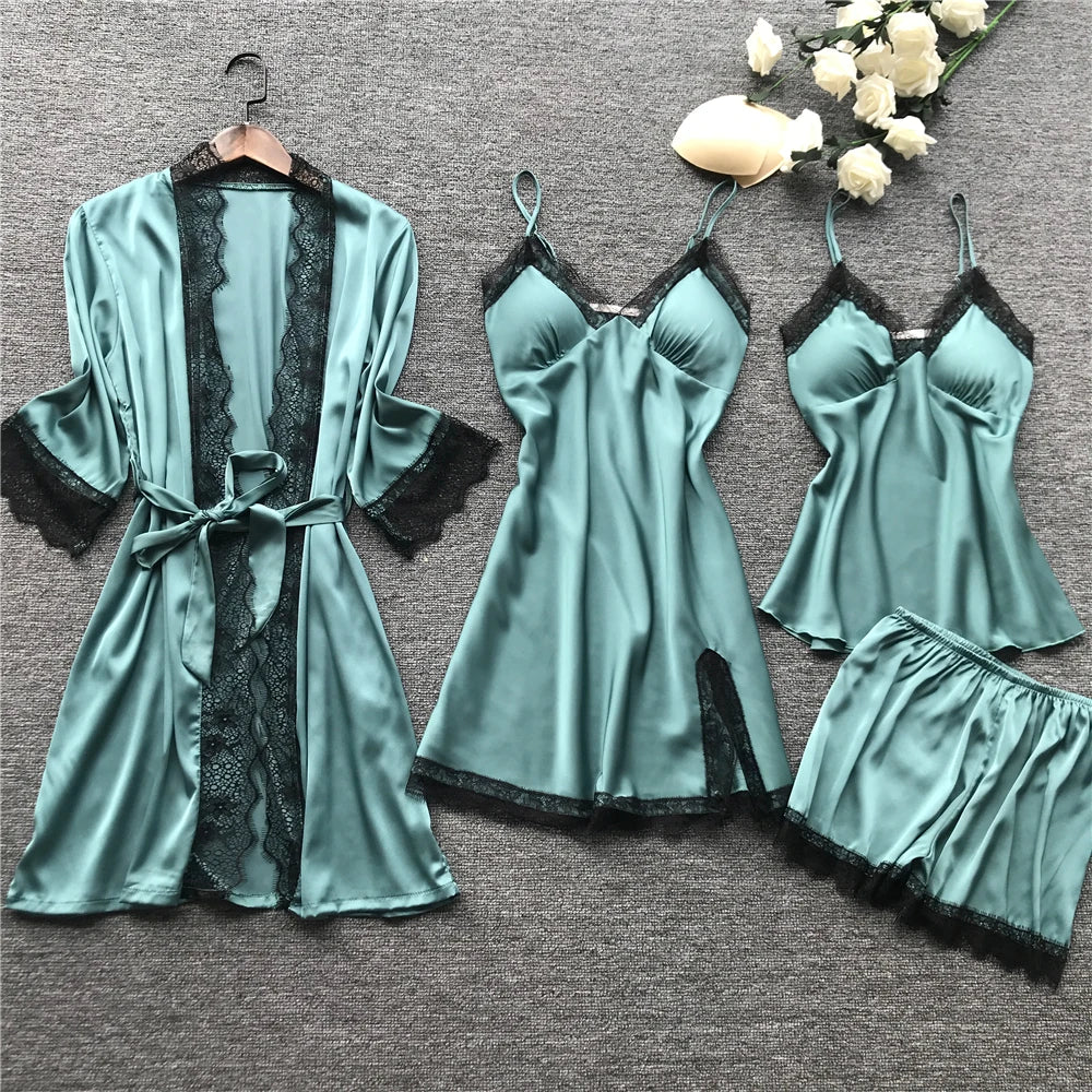 Best Selling Homewear Satin Silk Elegant Women's 4 Pcs Pajamas Set With Chest Pads MegaBDM