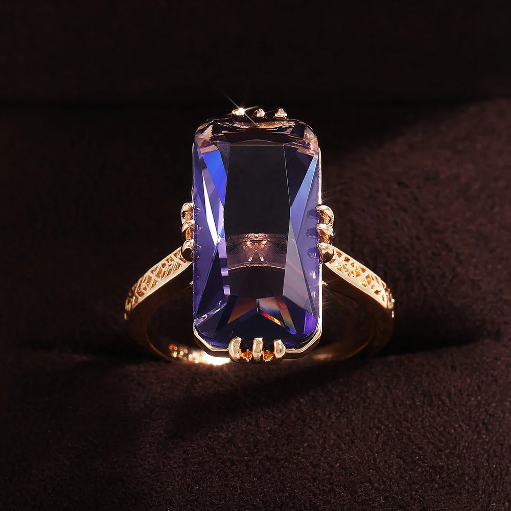 CAOSHI New Independent Rings Women Girls Super Big Pure Royal Purple Zircon Rings Large Purple Rectangle Gold Thin Carved Rings