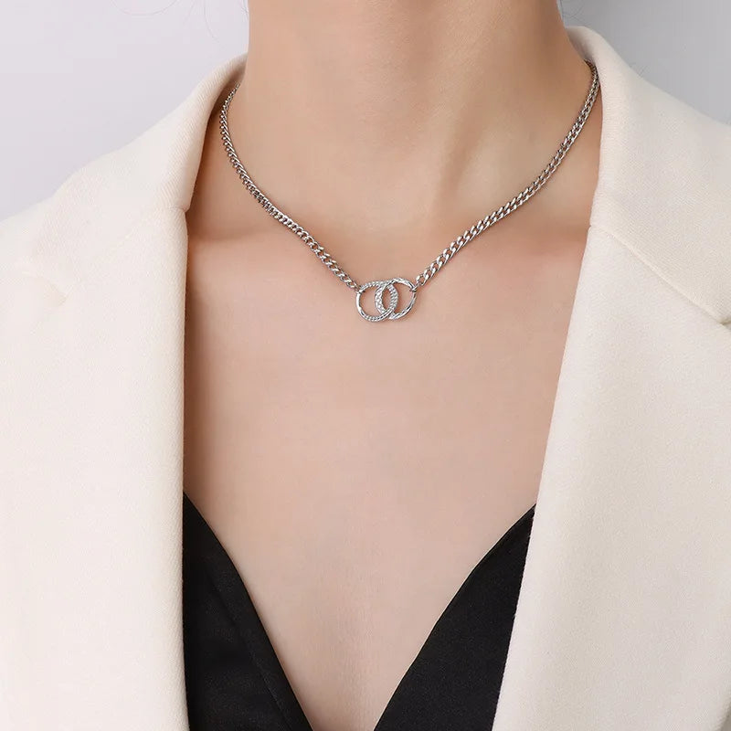 Double Ring Buckle Pendant Geometric Necklace Collarbone Chain Titanium Steel Flat Chain Bracelet Stainless Steel Accessory Set