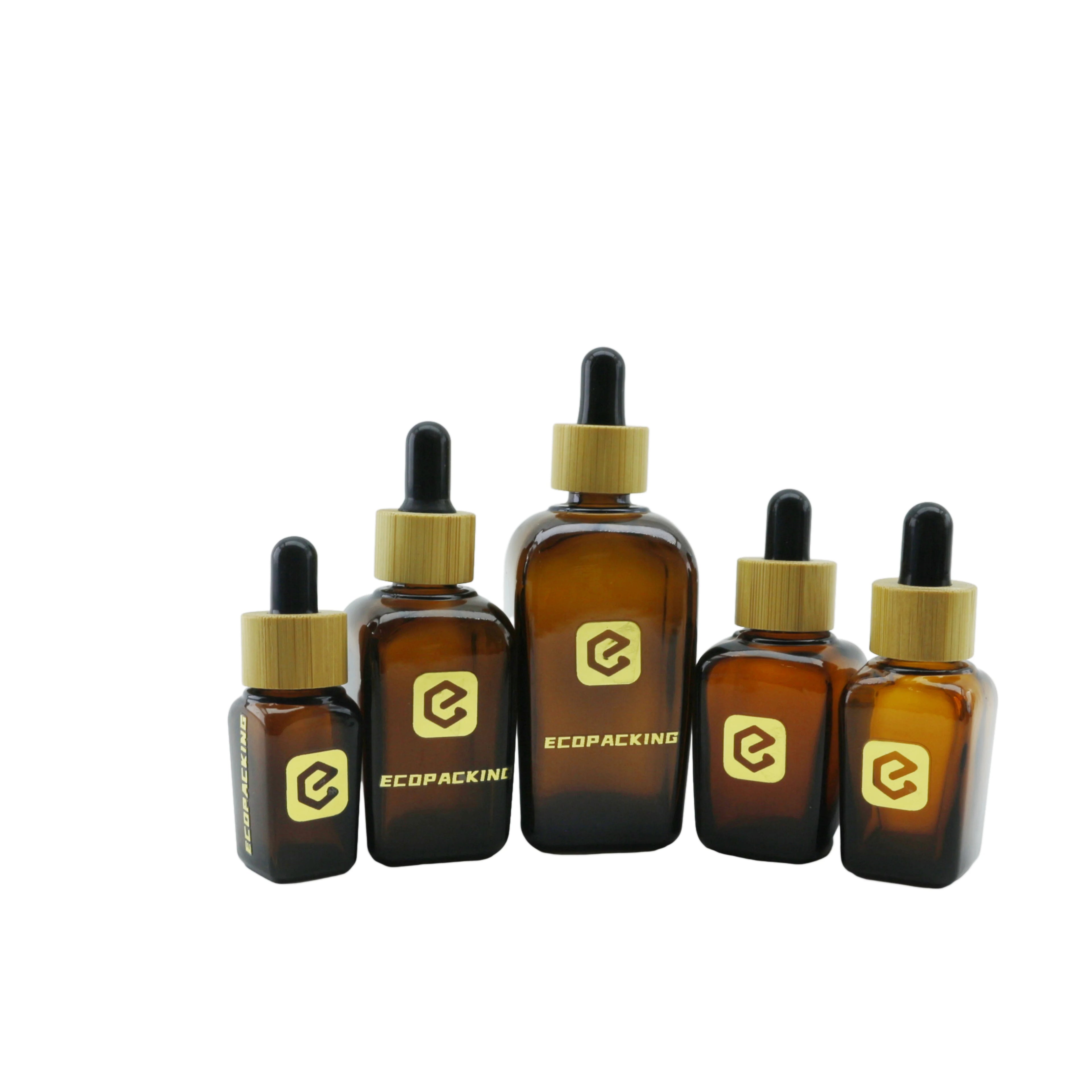 10~50ml 100ml Square Dark Amber Glass Dropper Bottles With Glass Dropper Natural Wooden Tincture Bottles With Eye Droppers