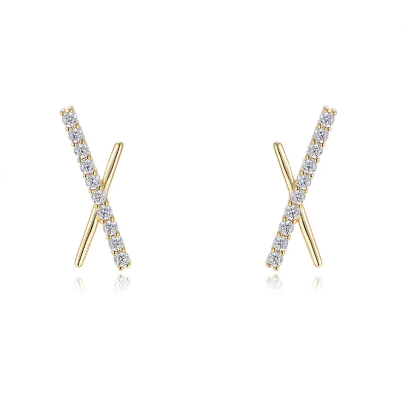 INS Fine Jewelry Earrings 925 Sterling Silver Earrings Cross X Shaped Zircon Gold Plated Stud Earrings for Women