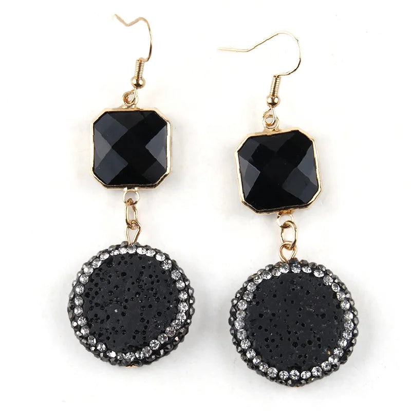 Newest Beautiful Unisex Round Rhinestone Black White Red Lava Stone Pendant Square Crystal Glass Drop Earrings
