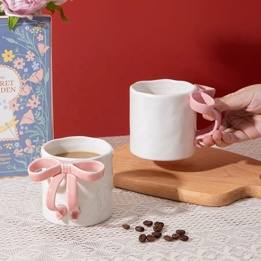 Modern Creative 3D Bowknot Handle Design Porcelain Ceramic Eco-Friendly Custom Cute Gift Espresso Cup for Giveaways