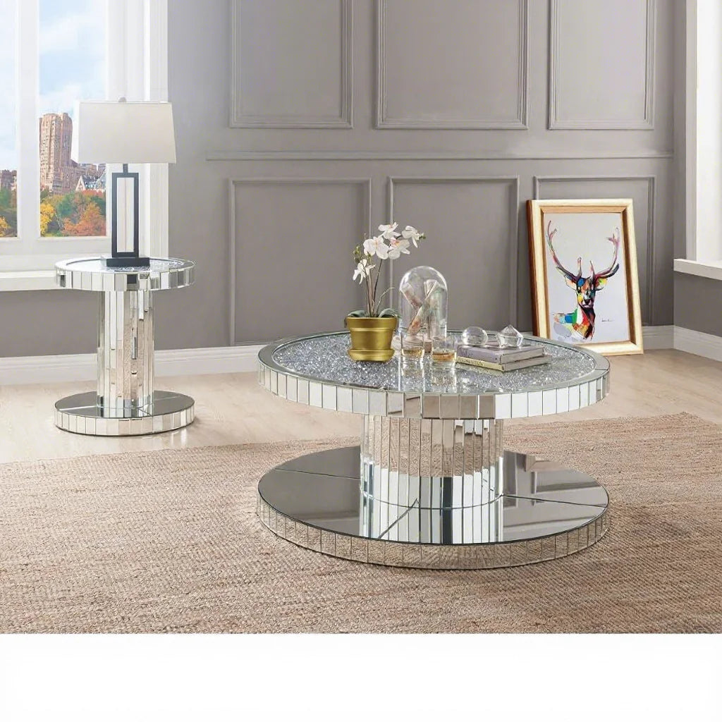 Modern Mirrored Living Room Furniture Crushed Diamond Silver Mirror Glass Side Table Luxury Round Coffee Tables