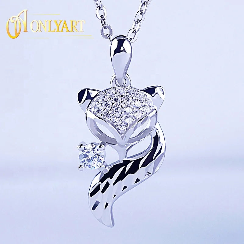 Wholesale Design Animal Custom Sterling Silver 925 fox Pendant clear Cz Stone Jewelry Necklace Charm Silber Fuchs Schmuck