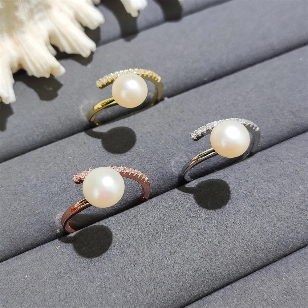 2025 Hot Sale Trendy Cultured Pearl Rings Open Ring 18K Gold Rose Silver Plated Zircon Inlay Natural Pearl Ring Jewelry for Girl