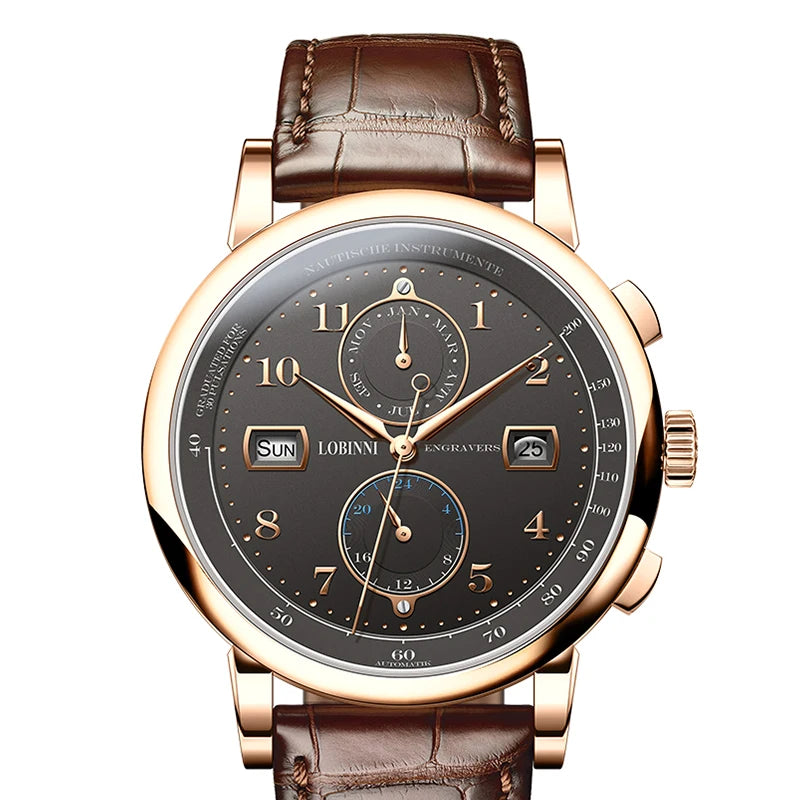 For LOBINNI Luxury Men's Automatic Mechanical Watch Multi-Function with Waterproof Leather Band Pointer Dial Display