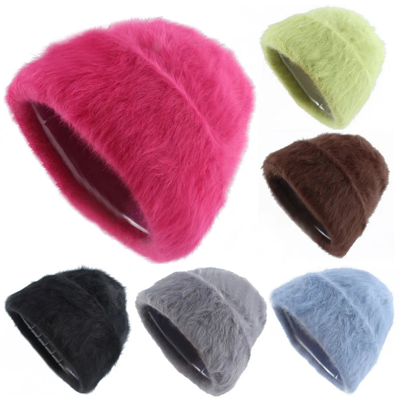 Rabbit Hair Knitted Hat Custom Beanie Cap Fashion Versatile  Plush Winter Warm Custom LOGO Knitted Hats