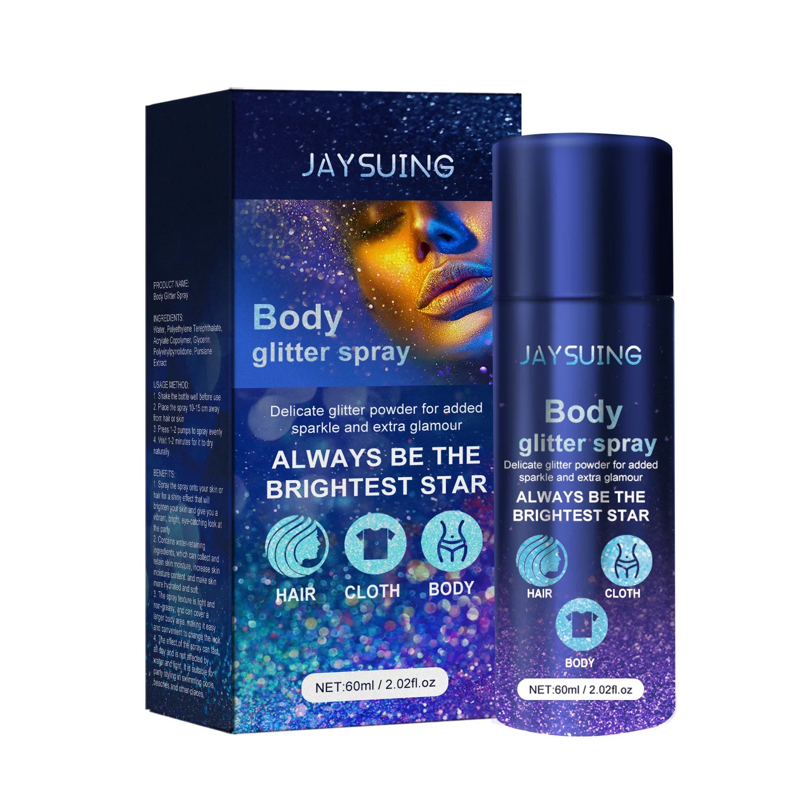 Best Selling Jaysuing Body Glitter Spray Body Glow Sparkle Shimmer Waterproof Makeup Hair Glitter Face Highlighter