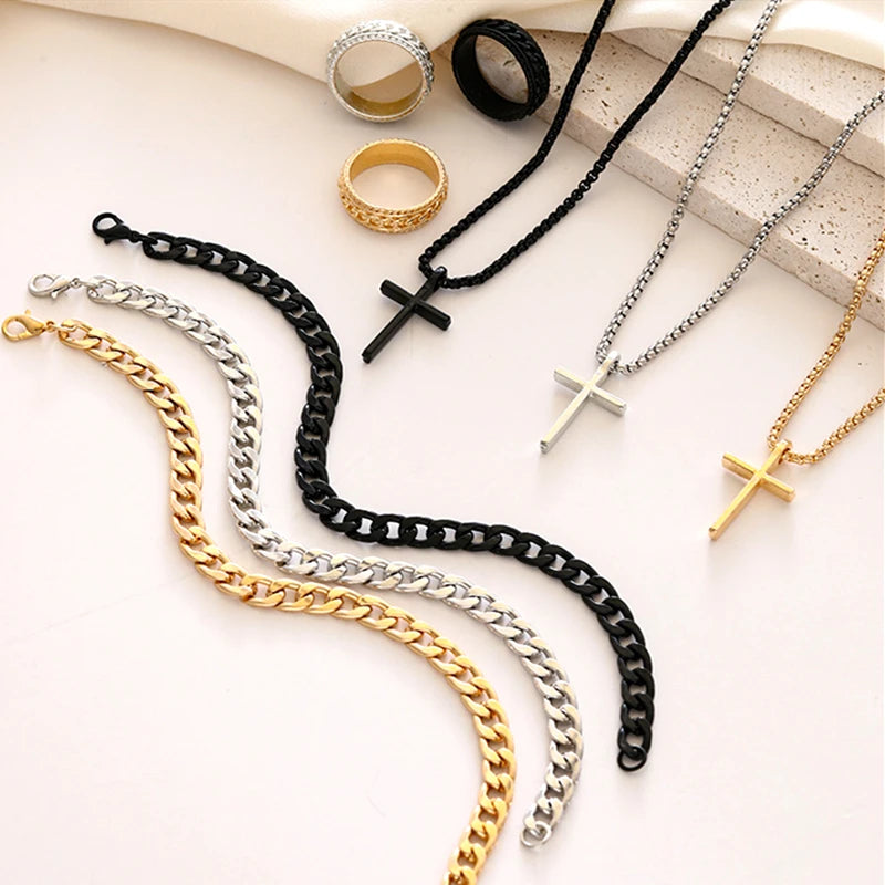 Hot Sale Simple Gold Silver Black Chain Jewelry Set Unique Multi-style Cross Pendant Ring Bracelet Necklace Set Gifts for Women