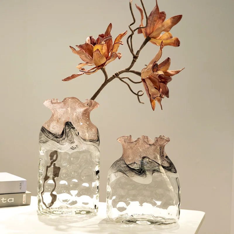 Nordic Minimalist Tall Pink Ink Landscape Ice Crack Gradient Handmade Crystal Glass Vase Coastal Home Living Room Dining Table