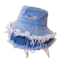 Wholesale Washed Distressed Denim Bucket Hat Windproof Outdoor Raw Edges Bucket Hat Wide Brim Fisherman Cap Support Custom LOGO