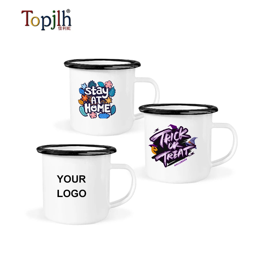 Topjlh Sublimation 12oz Custom logo Reusable Rolled Rim  Enamel Camping Sublimation Blanks Coffee Tea Cup Mug with Handle