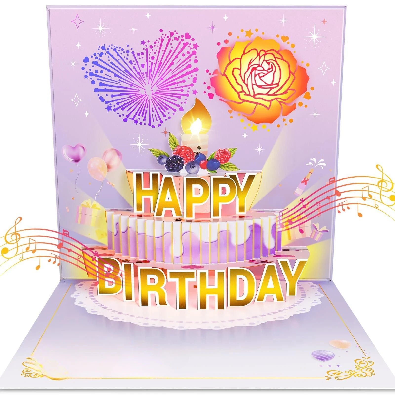 Purple Gold 3D Lighting Music Birthday Greeting Card Can Blow Candles Handmade Paper Birthday Gift for Wife Sister Friends