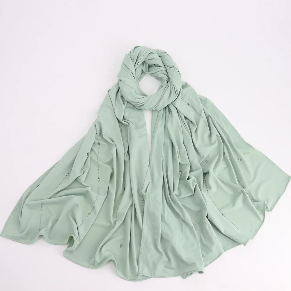 Customized Hot Selling Polyester Jersey Hijab with Water Drop Lined Stone Plain All Season Women's Hijab