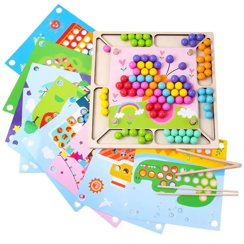 Wooden Educational Montessori Ball Puzzle Toy Clip Bead Game Toddler Preschool Chopsticks Stacking Learning Toy for Kids