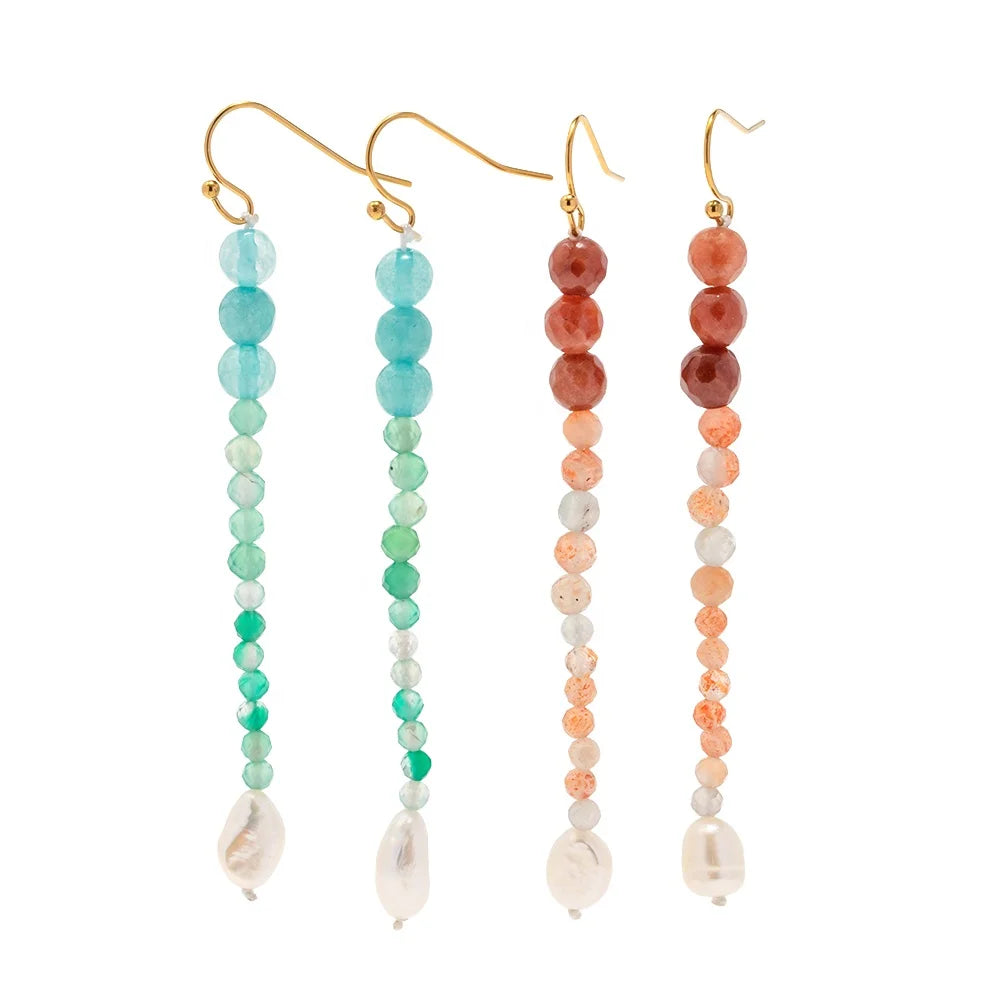 Dainty Freshwater Pearl Turquoise Tiger Eye Stone 18K Gold Plated Stainless Steel Drop Earring