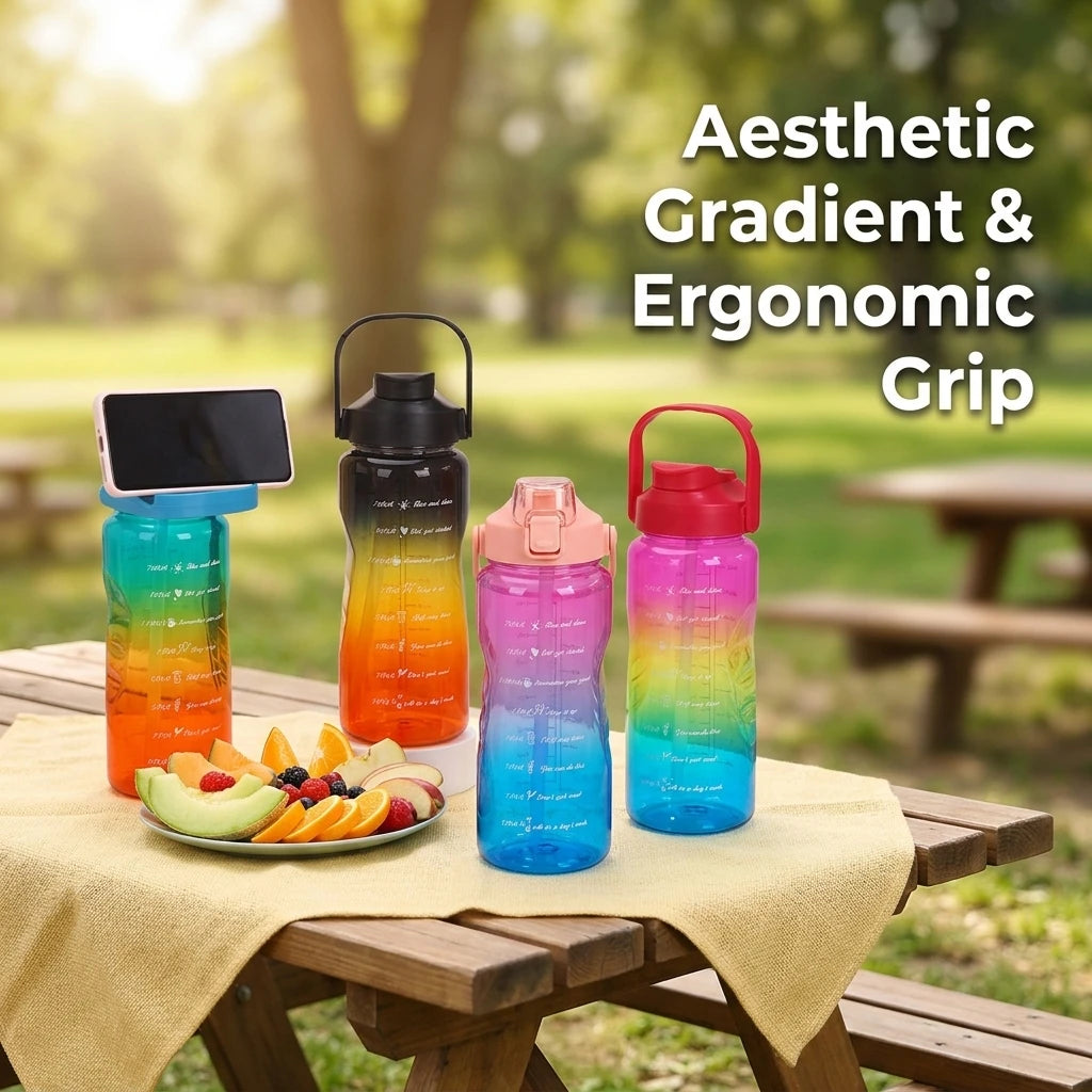 2000ml Motivational Water Bottle with Straw Gradient Sports Jug with Time Marker Leakproof for Gym/Sport/Camping/Fitness