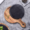 Factory Direct European Style Round Steak Plate Tray Handle Eco-Friendly Black Slate Wood Base for Sushi Desserts Fruits Plants