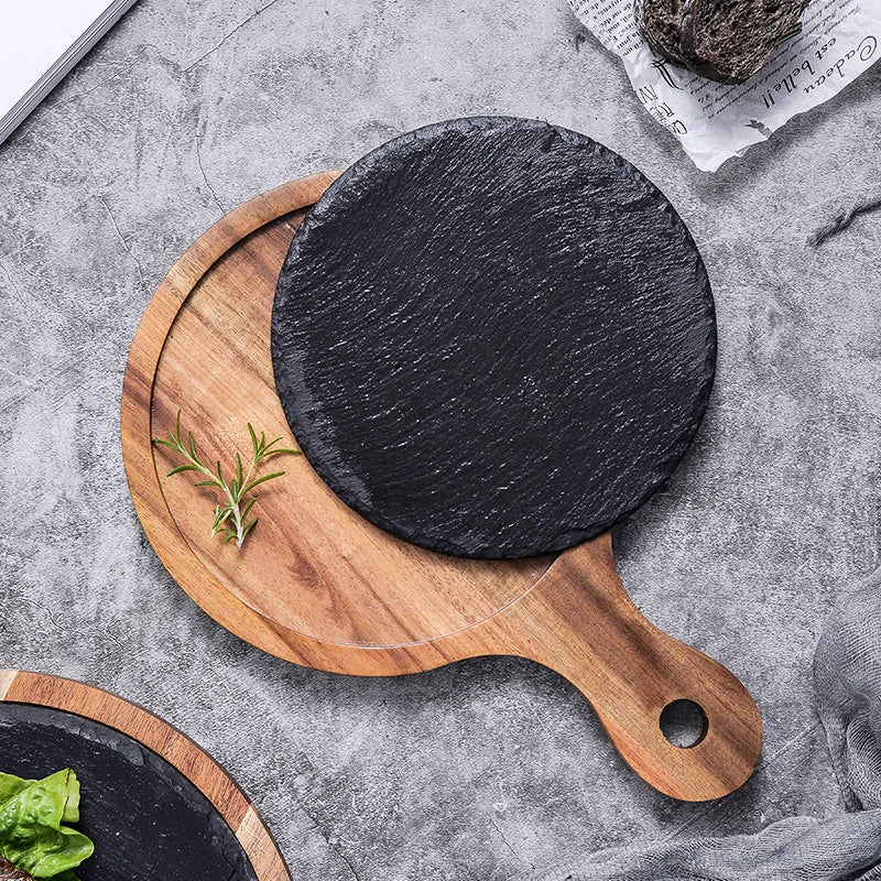 Factory Direct European Style Round Steak Plate Tray Handle Eco-Friendly Black Slate Wood Base for Sushi Desserts Fruits Plants